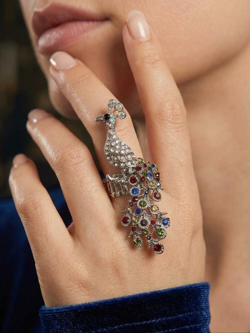 Peacock Multicolor Rhinestone Statement Art Deco Ring Stretcy Sliver Tone NWOT